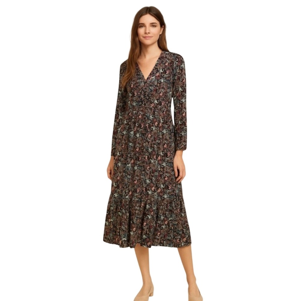 J. Jill Womens Paisley Floral Tiered V-Neck Long Sleeve Midi Dress Black Multi L